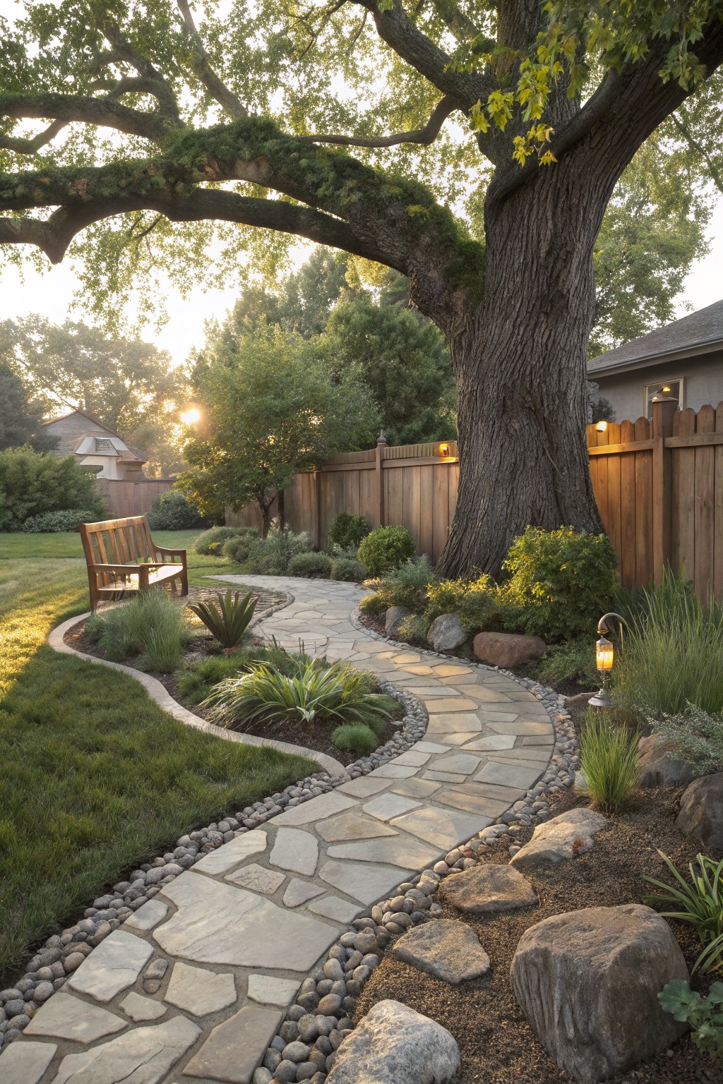 Winding flagstone path edged with pebbles and boulders curves around the base of a large tree in a backyard, bordered by lawn, low plants, grasses, and rocks, with a wooden bench and fence nearby.