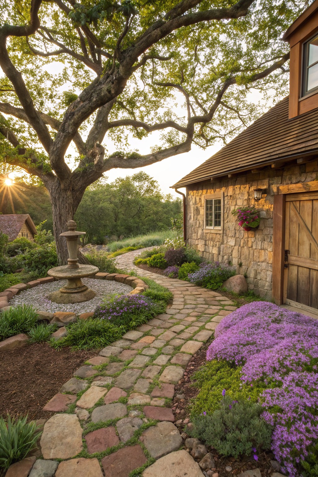Stone fountain in a gravel circle edged with rocks at the base of a large oak tree, with plants and a winding stone path leading to a stone house exterior.