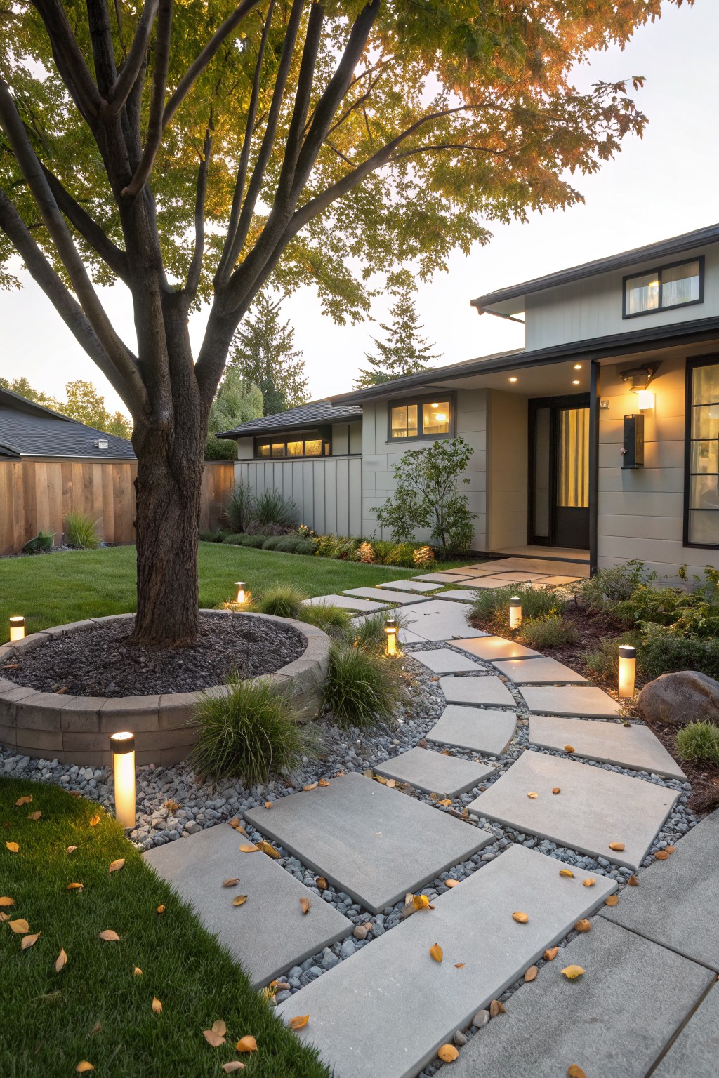 Raised circular concrete bed around a tree trunk filled with dark rock mulch, ornamental grasses, and gravel, with a curving path of large rectangular concrete pavers and cylindrical path lights leading toward a modern house exterior.