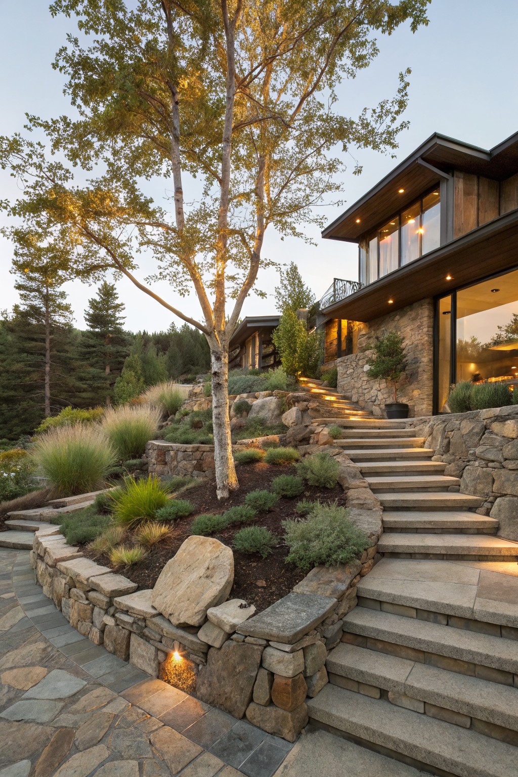 Sloped landscape with a tall deciduous tree centered amid stone retaining walls, large boulders, ornamental grasses, and wide stone steps lit by ground lights, beside a modern wood-and-stone house at dusk.