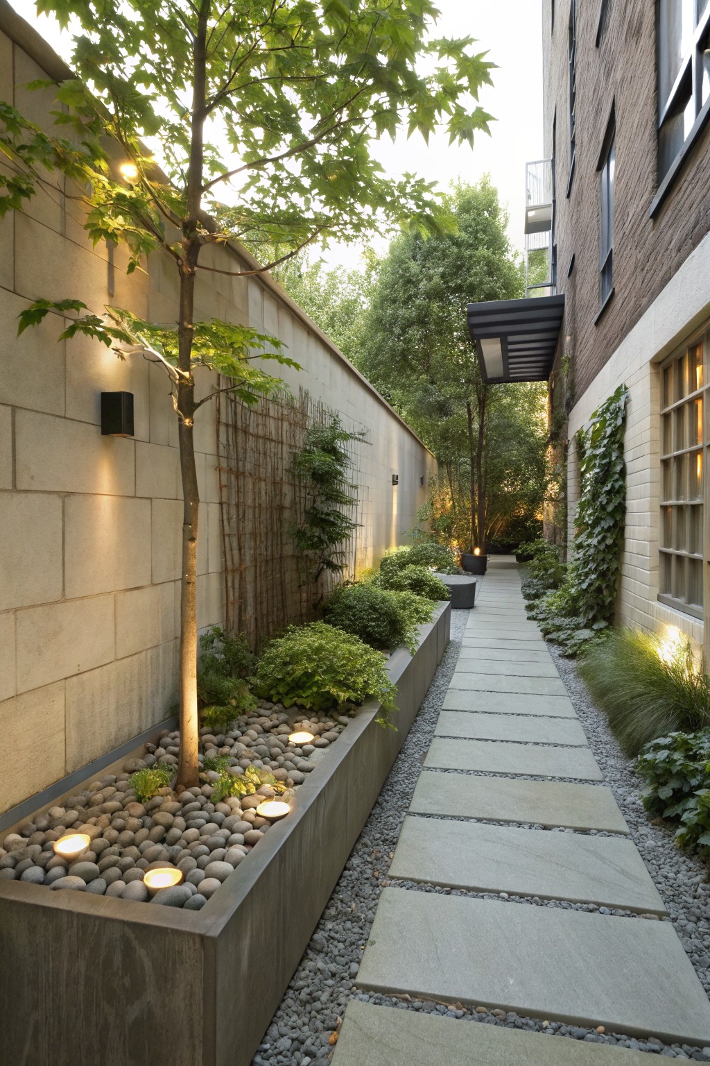 Narrow garden path of rectangular stone pavers next to a concrete planter box filled with round pebbles surrounding a young tree trunk, with low plants, grasses, and wall-mounted lights along stone and brick walls.
