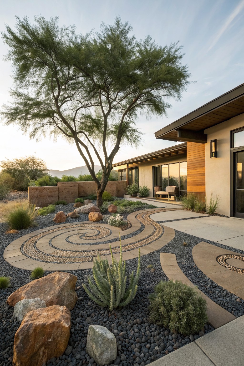 Modern house exterior in desert landscape with a large mesquite tree encircled by a spiral pebble mosaic path, surrounded by boulders, gravel mulch, succulents, and a concrete walkway leading to the door.