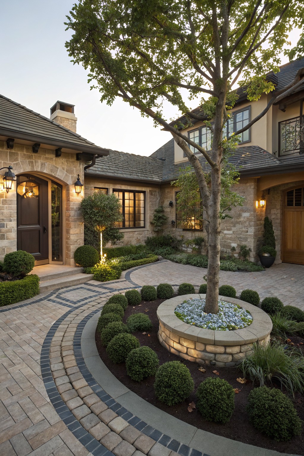 Curved brick pathway leading to a house entrance, centered on a tree in a circular stone planter filled with white pebbles and small blue flowers, edged by boxwood shrubs and mulch.
