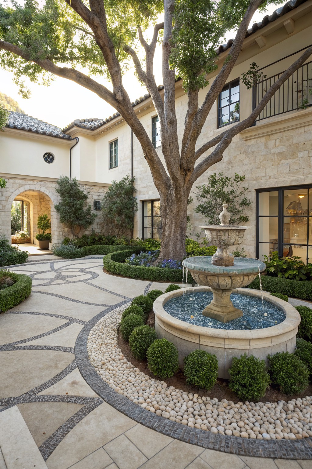 Courtyard garden featuring a large tree, central stone fountain, curved pathways of light pebbles in dark stone pavers, boxwood hedges, and beige stone house walls with arched entryway.