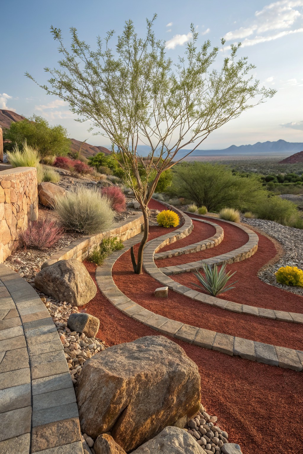 Curving red gravel paths edged with stone walls wind around a central tree, accented by large boulders, desert plants, and distant red mountains in a landscape setting.
