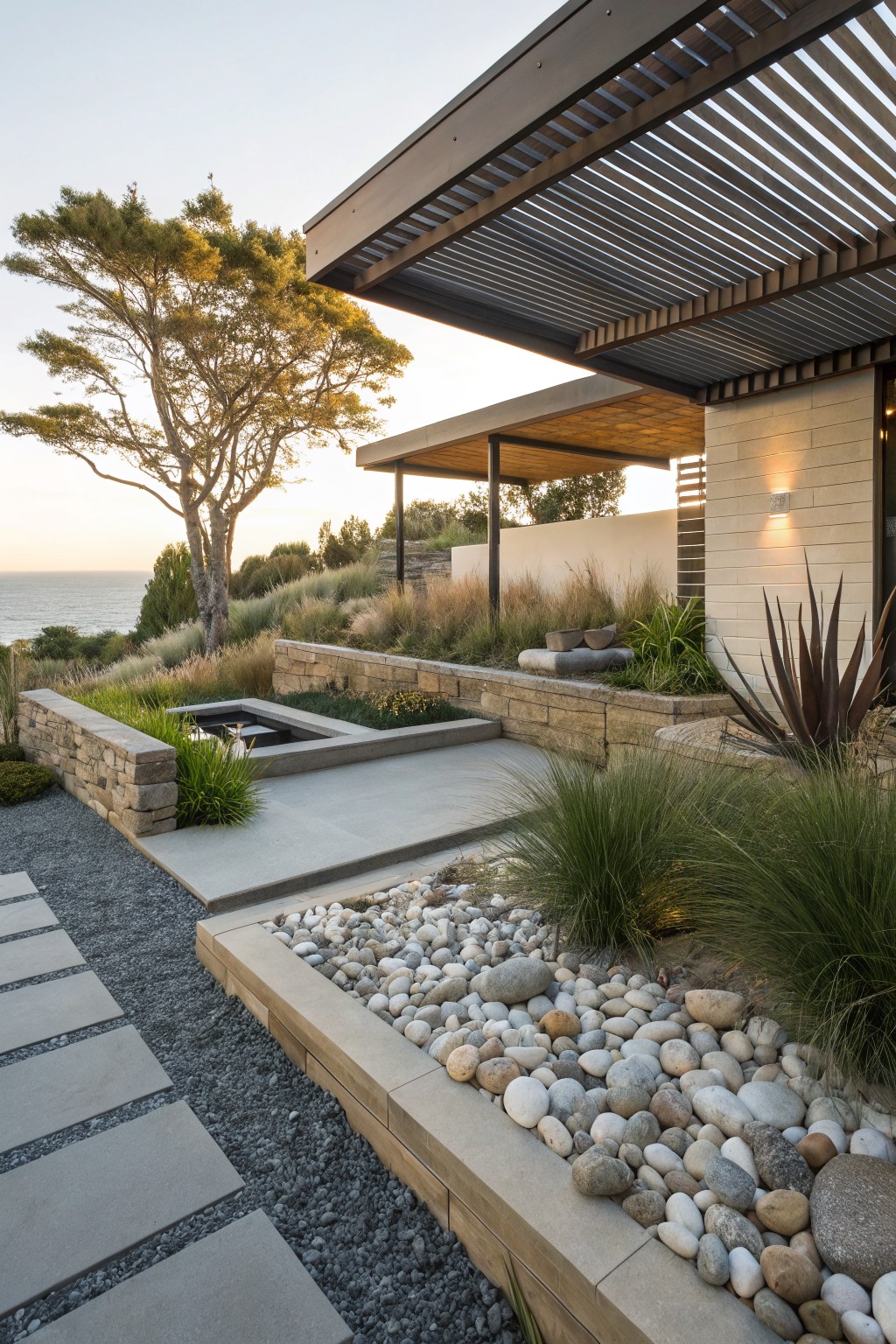 Modern coastal home with terraced stone retaining walls enclosing pebble-filled garden beds planted with grasses and agaves, gravel pathways, and a small water feature overlooking the ocean.