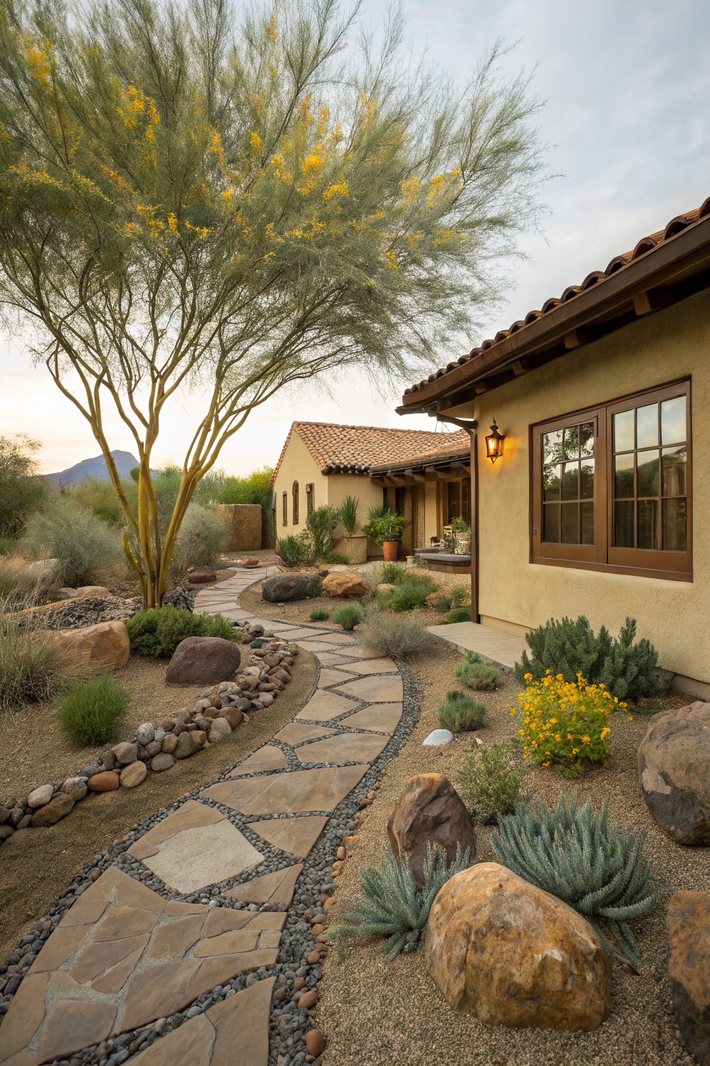 Winding irregular flagstone path edged with gravel, rocks, boulders, and desert plants leading to a beige stucco house with red tile roof and large palo verde tree in the background.