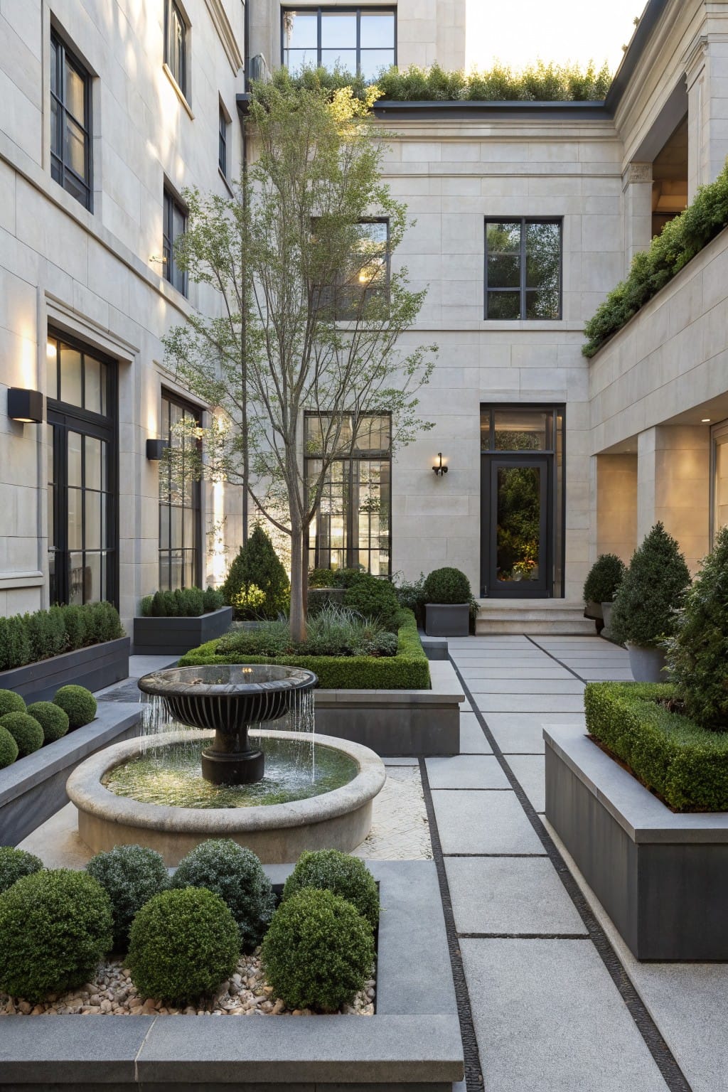 Courtyard with central stone fountain, circular tree, boxwood shrubs in dark stone-bordered raised beds with gravel mulch, gray stone paths, and beige stone walls with black-framed windows and doors.