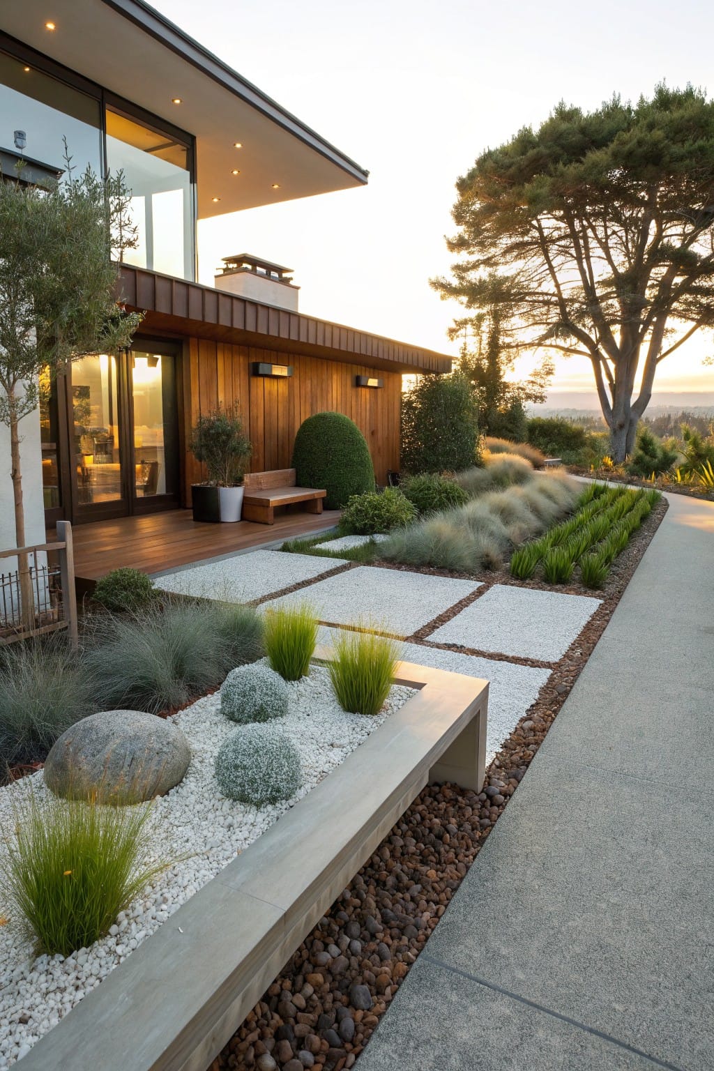 Modern wood-clad house with glass doors and deck overlooking a landscaped yard of white gravel beds with ornamental grasses, boulders, and stone paths edged in concrete.
