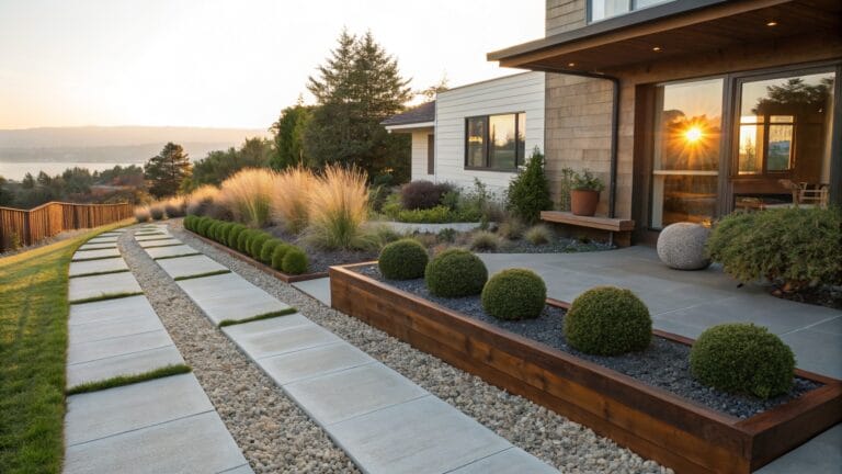 16 Crisp Rock Landscaping Borders and Edging to Frame Your Garden Modern wood-clad house with glass doors and deck overlooking a landscaped yard of white gravel beds with ornamental grasses, boulders, and stone paths edged in concrete.