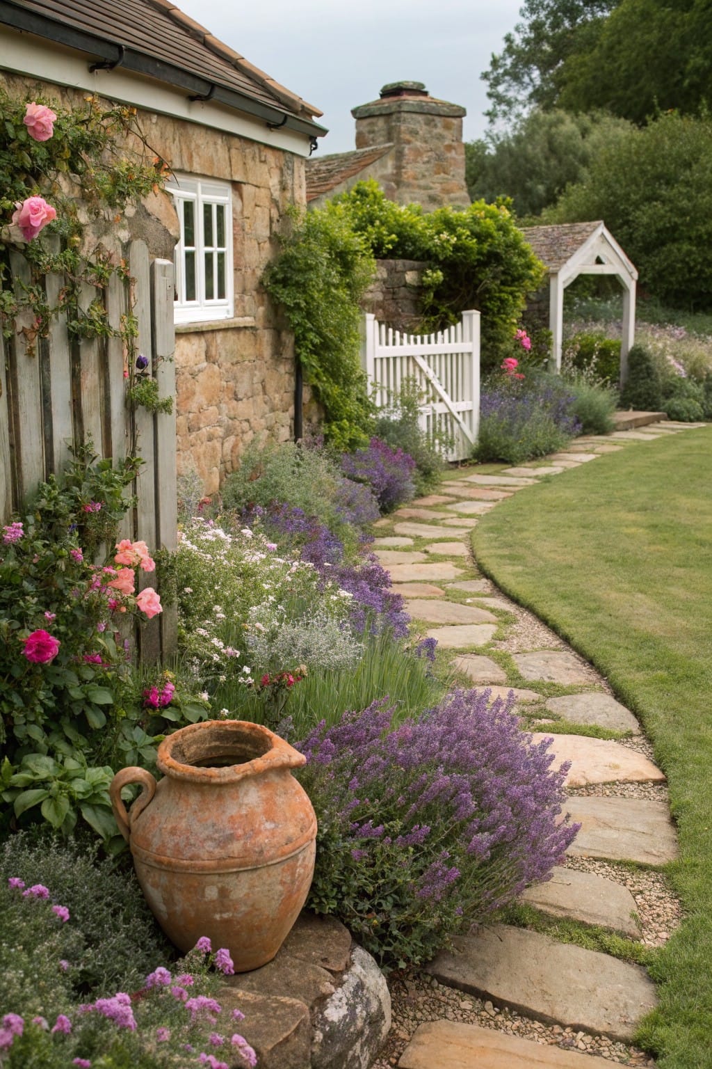 Winding flagstone path edged with lavender, roses, and perennials curves through a lush garden beside a stone cottage wall toward a white picket gate.