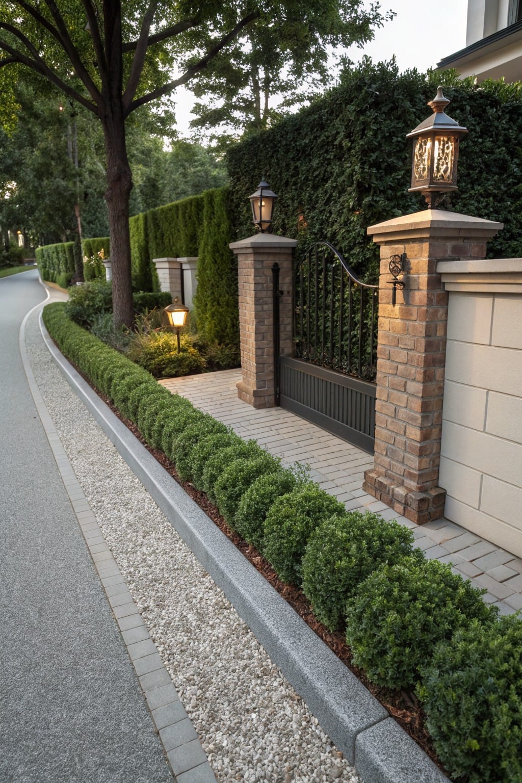 Elegant stone gate with lanterns, surrounded by neatly trimmed hedges and a winding pathway.