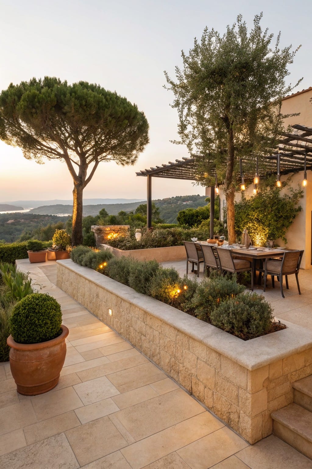 Outdoor terrace dining area with wooden table and chairs under pergola, bordered by low beige stone retaining wall planted with shrubs and lit by small ground lights, overlooking hilly landscape at dusk.