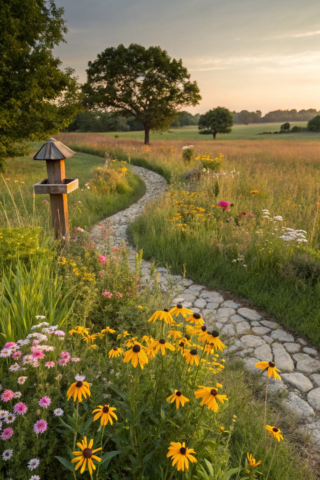 Winding path of irregular gray stones curves through tall green grasses and colorful wildflowers including yellow black-eyed Susans, pink flowers, and white blooms, flanked by a wooden post with birdhouse and distant trees under a sunset sky.