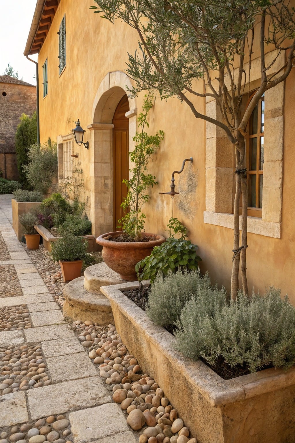 Stone slab pathway edged with pebbles and bordered by raised planters containing lavender and other plants, leading to an arched door on a yellow stucco house wall with an olive tree nearby.