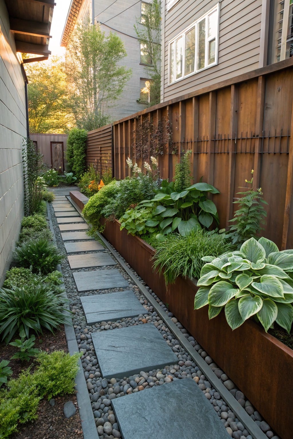 Narrow garden walkway with dark rectangular stone pavers spaced apart and edged by white pebbles and gravel, one side lined with corten steel planters holding hostas and grasses, the other with wooden fencing and greenery.