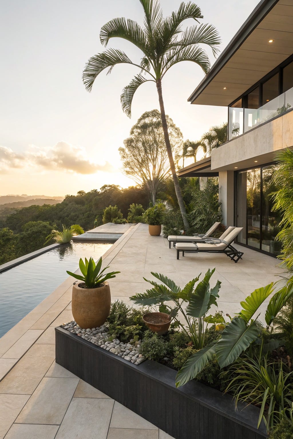 Infinity pool on a light stone terrace edged by a black raised planter box with white pebbles and tropical plants, lounge chairs nearby, modern house with glass walls, palm trees, and hillside view at sunset.