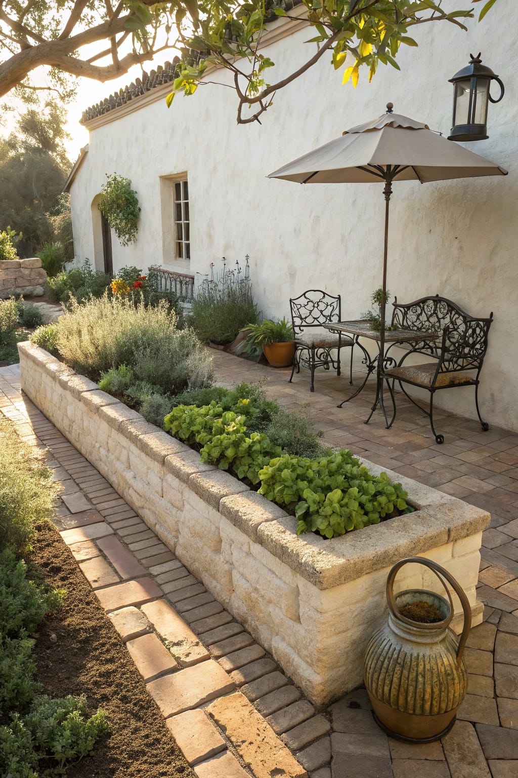 Raised limestone planter bed filled with green herbs and low plants along a brick walkway next to a white stucco house wall, with wrought iron table, chairs, beige umbrella, and potted plants nearby.