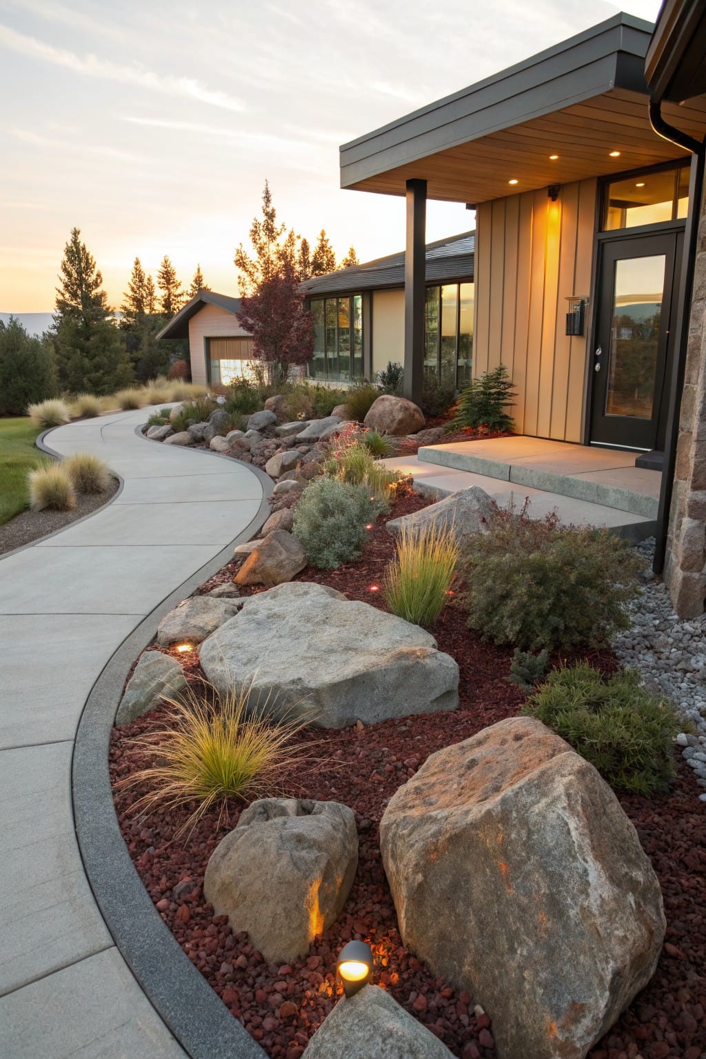 Curved concrete pathway bordered by large gray boulders, red gravel mulch, ornamental grasses, and shrubs leading to the entry of a modern vertical wood-clad house at sunset.