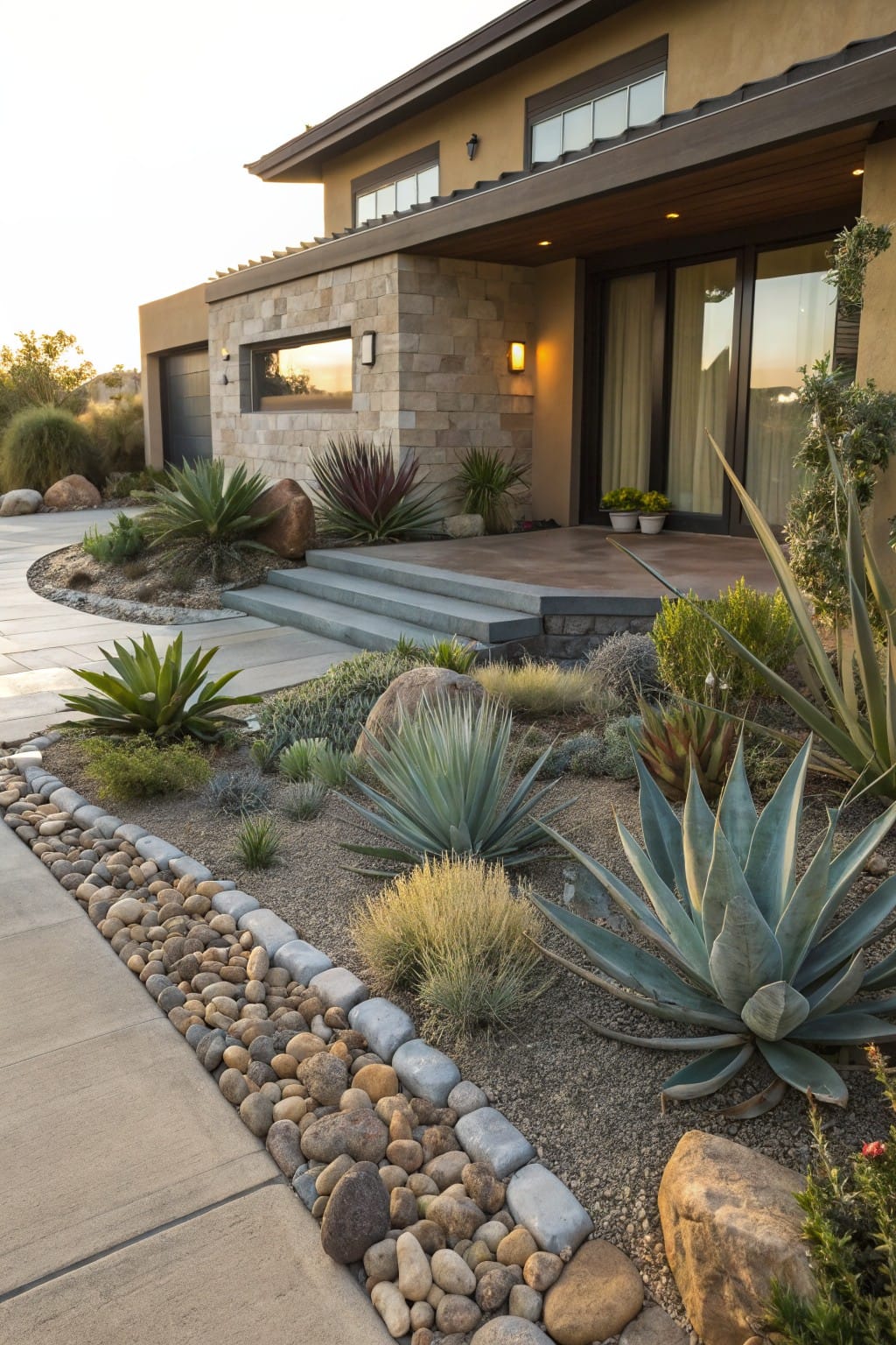 Modern home entrance with stone facade, landscaped succulent garden, and pathway.