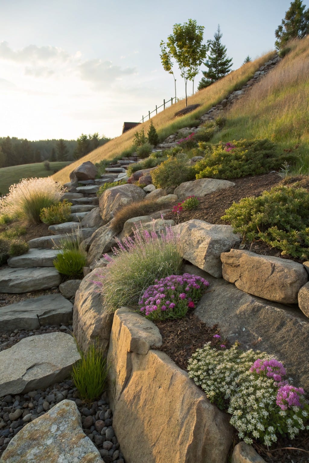 Flagstone steps winding up a grassy hillside retained by large boulders, with grasses, shrubs, pink flowers, and trees planted among the rocks under a partly cloudy sky.
