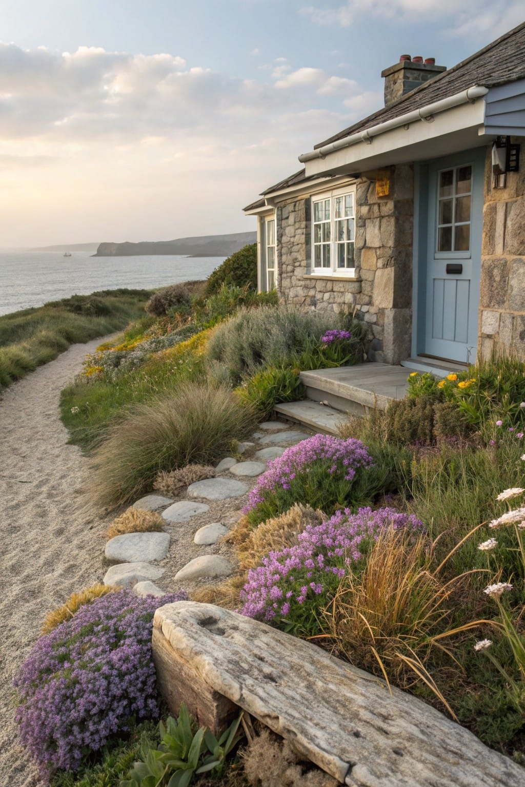 Stone cottage with blue front door and beige stone walls, approached by a winding sandy path edged with large flat gray stones and bordered by purple flowers, grasses, and low shrubs, with ocean view in background.
