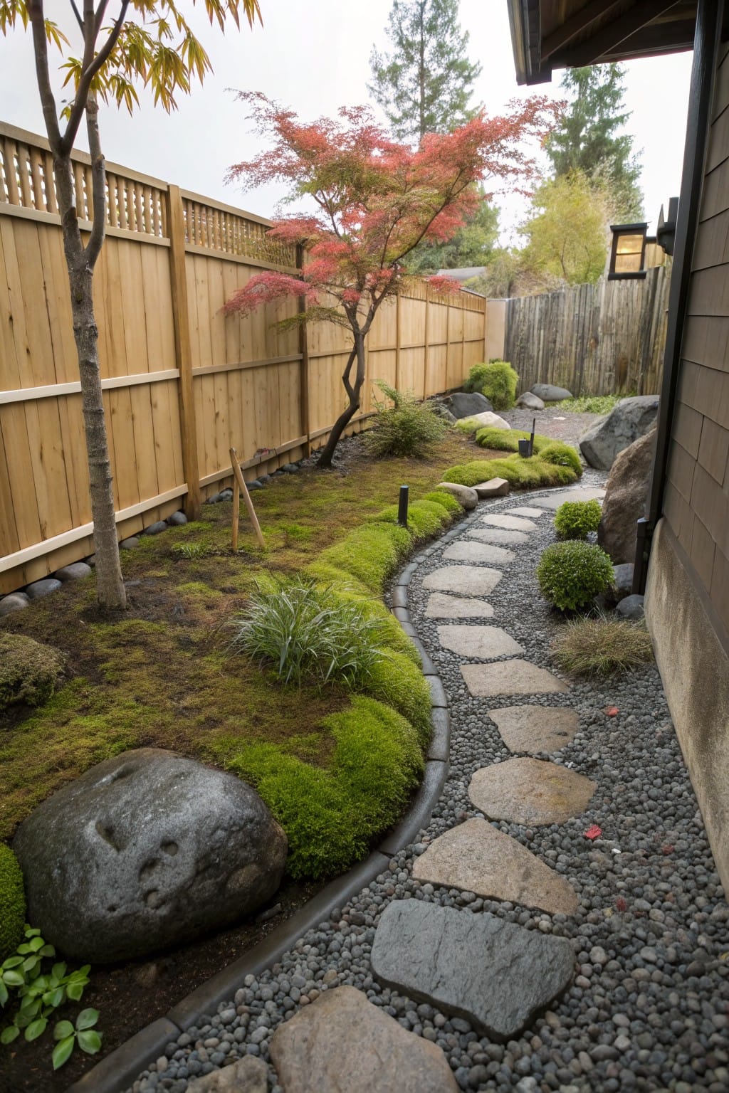 A curving path of irregular flat stones edged with dark gravel, green moss mounds, and large rounded rocks in a landscaped garden area next to a wooden fence and house wall.