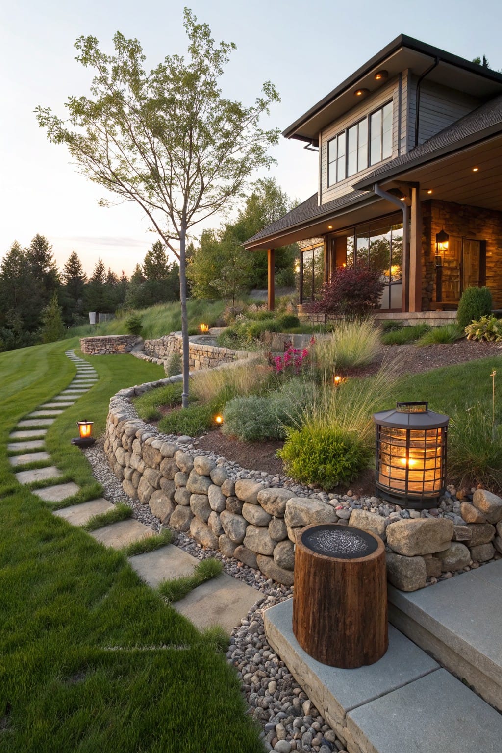 A sloped lawn with a winding flagstone path edged by dry-stacked stone retaining walls planted with grasses, shrubs, and lanterns, leading to steps at a house exterior.