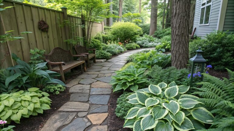 Winding flagstone path edged with dense hosta plantings and other shade plants leading to the porch and green door of a shingle-style house in a wooded garden.