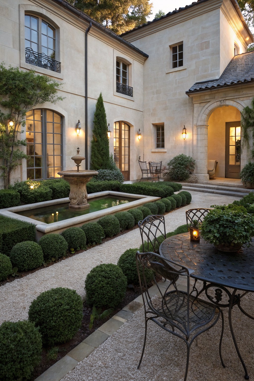 Courtyard enclosed by beige stucco walls with arched doorways and large windows, featuring a central rectangular stone fountain pool surrounded by spherical boxwood shrubs, gravel pathway leading to black metal bistro table and chairs, lit by lanterns at dusk.