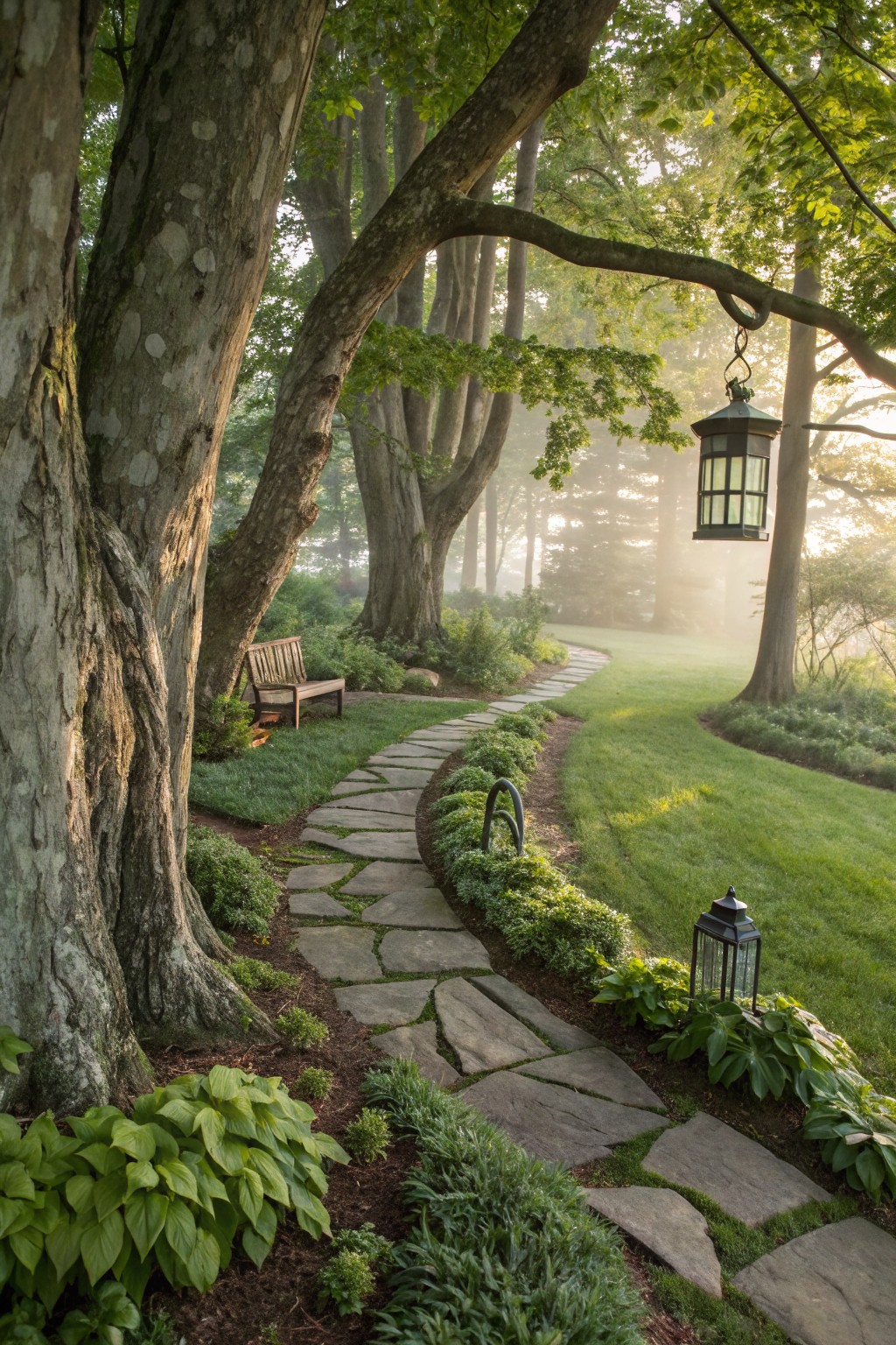 Winding irregular stone path through shaded woodland garden bordered by hosta plants and other greenery, with wooden bench, hanging lanterns from tree branches, and lush trees in background.