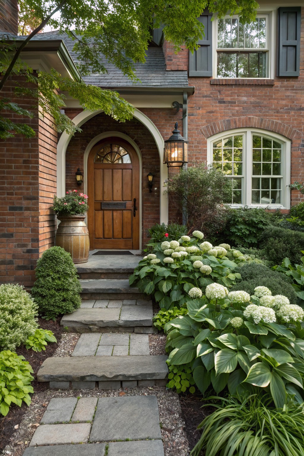 Brick house front entrance with arched wooden door, lantern lights, stone steps leading up from a path, flanked by hosta plants, hydrangeas, and other greenery in shaded beds.