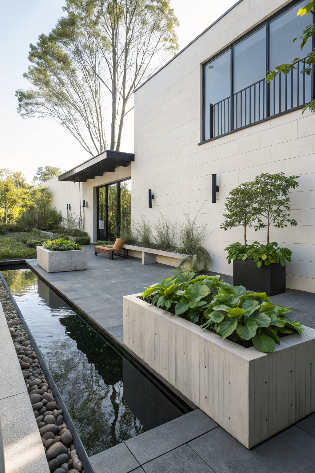 Modern white brick house exterior with glass doors opening to a dark gray tiled patio, a linear pebble-lined reflecting pool flanked by large gray concrete planters filled with lush green hosta plants, a tan chaise lounge on a bench, small trees, and grasses.