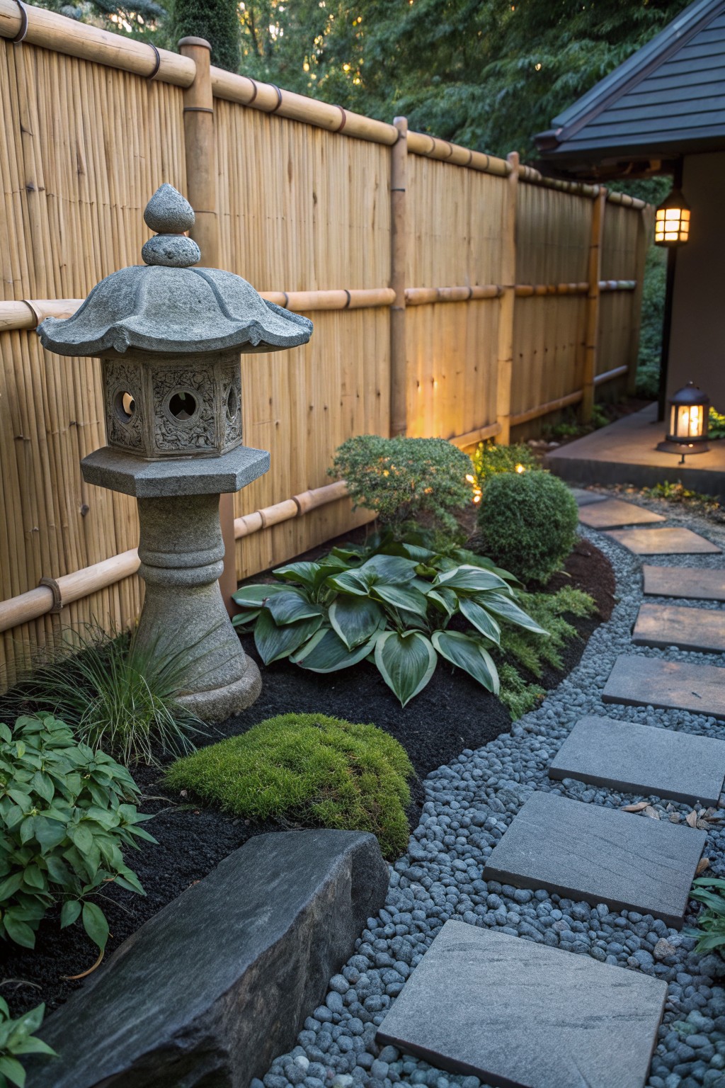 Stone lantern beside a curving path of irregular stepping stones edged with hostas, moss, grasses, and gravel mulch in a shaded garden with bamboo fence.