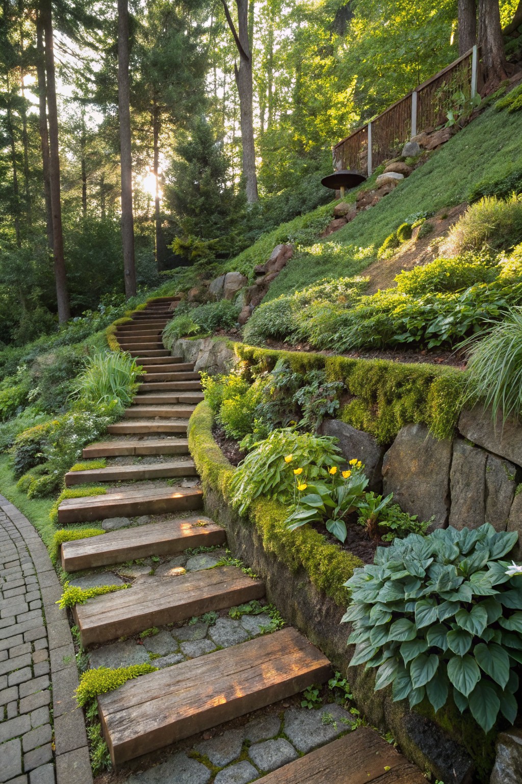 Winding wooden steps ascend a moss-covered stone retaining wall on a lush green hillside planted with hostas, ferns, and other shade greenery amid tall trees.
