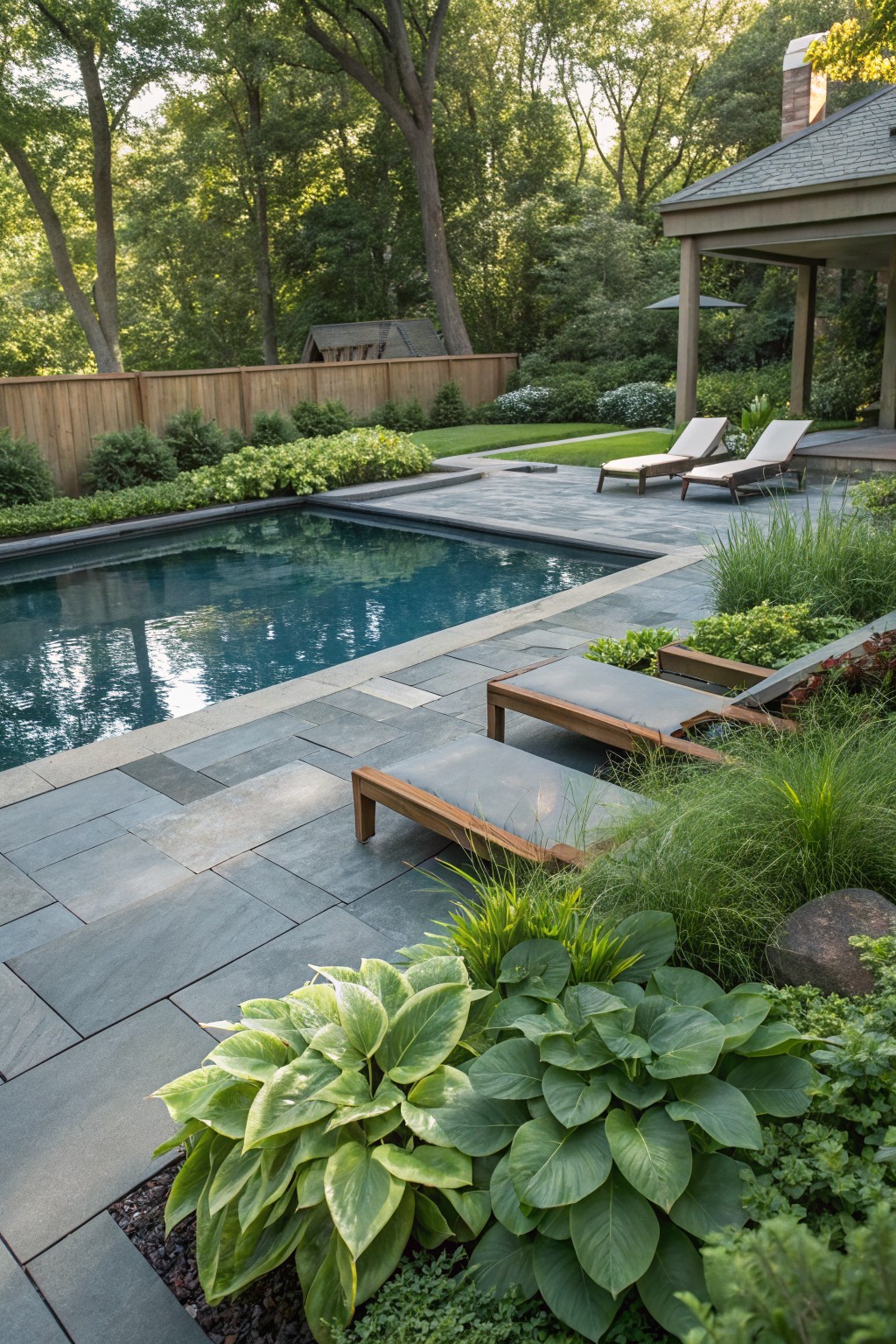 Backyard infinity-edge pool with gray slate decking edged by large hosta plants, ornamental grasses, rocks, and wooden lounge chairs, surrounded by wooden fence, shrubs, and trees.