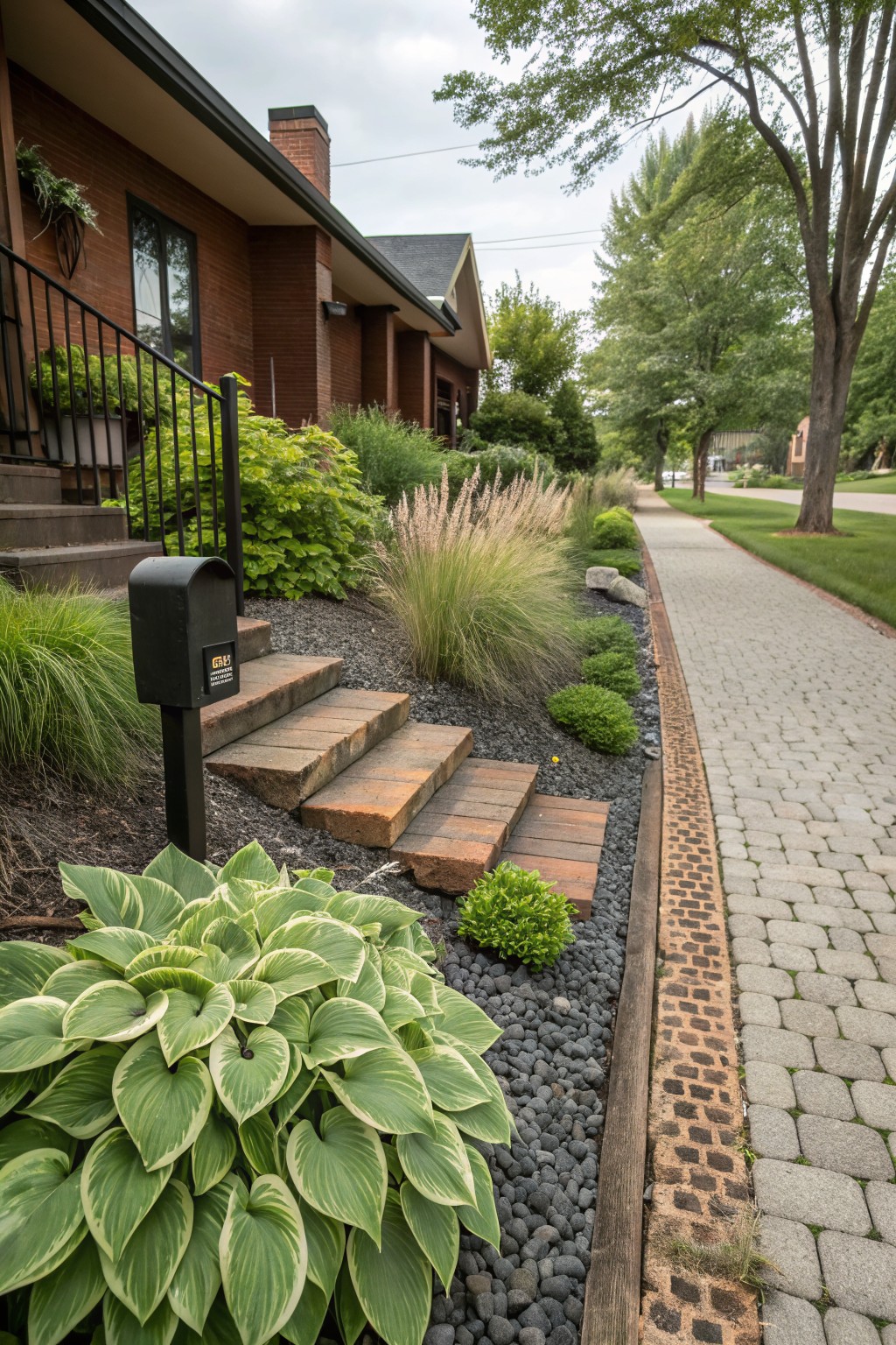 Front entry steps of a brick house bordered by landscaping beds filled with large hosta plants, ornamental grasses, black gravel mulch, shrubs, and rocks alongside a paved walkway.