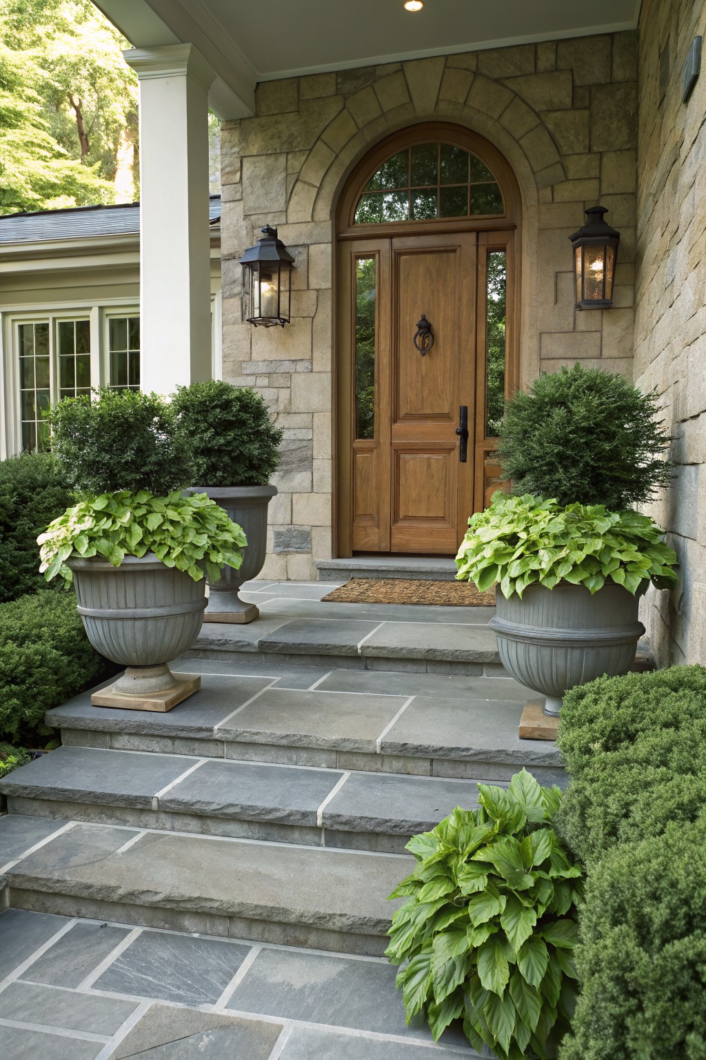 Stone house facade with arched wooden front door, flanked by gray urns planted with hostas on slate steps, lanterns on walls, boxwood shrubs, and additional hosta plant at base of steps.