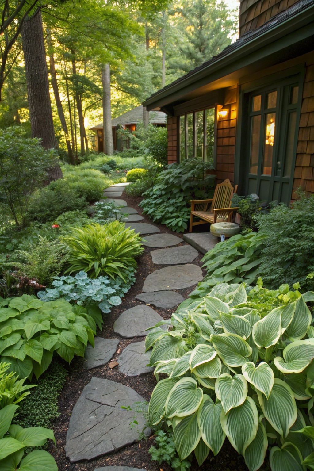 Winding flagstone path edged with dense hosta plantings and other shade plants leading to the porch and green door of a shingle-style house in a wooded garden.