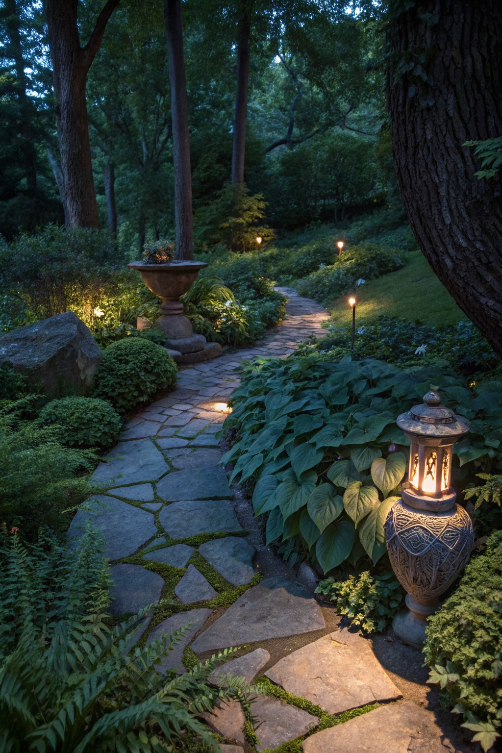 Winding flagstone path lit by lanterns and flanked by hostas, ferns, shrubs, and trees in a shaded garden at dusk.