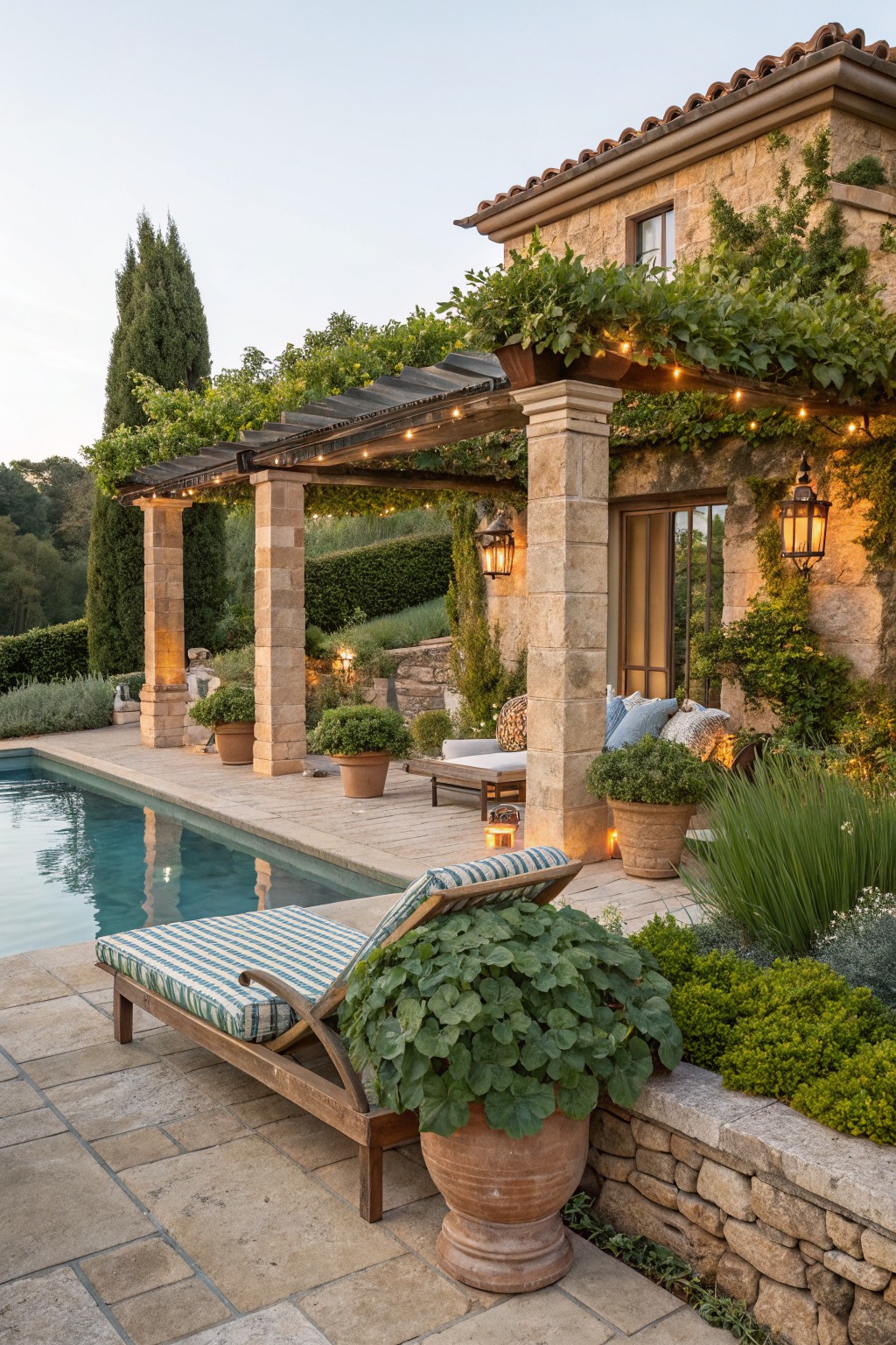 Outdoor pool area beside a stone house with pergola-covered seating, striped lounge chair next to large potted plant, string lights overhead, lanterns, potted shrubs, and greenery along the edge.