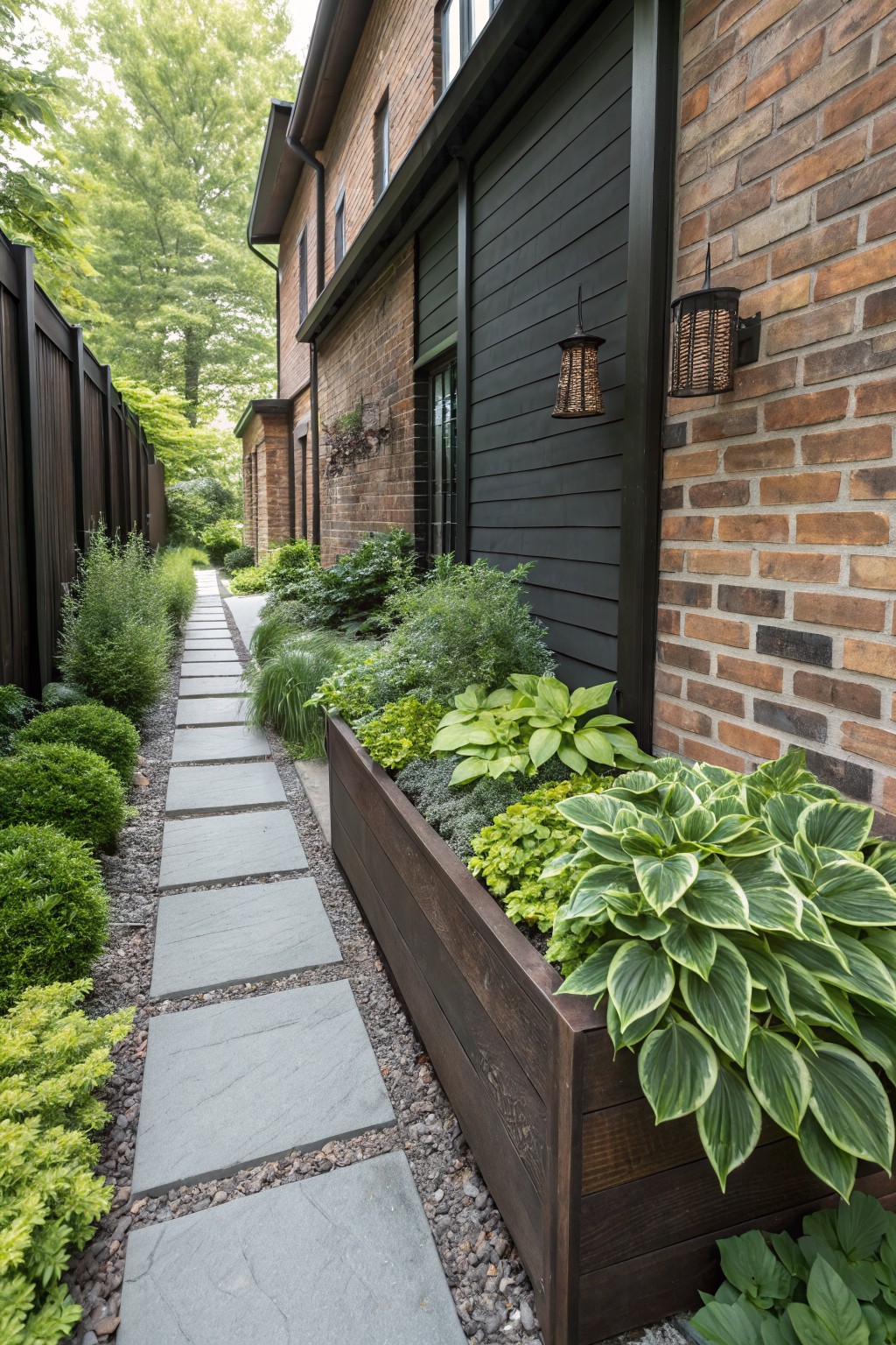 Narrow gray stone pathway edged with gravel, low shrubs, and a large wooden raised planter box overflowing with green and variegated hosta plants next to a brick and black-sided house wall, with trees and fence in the background.