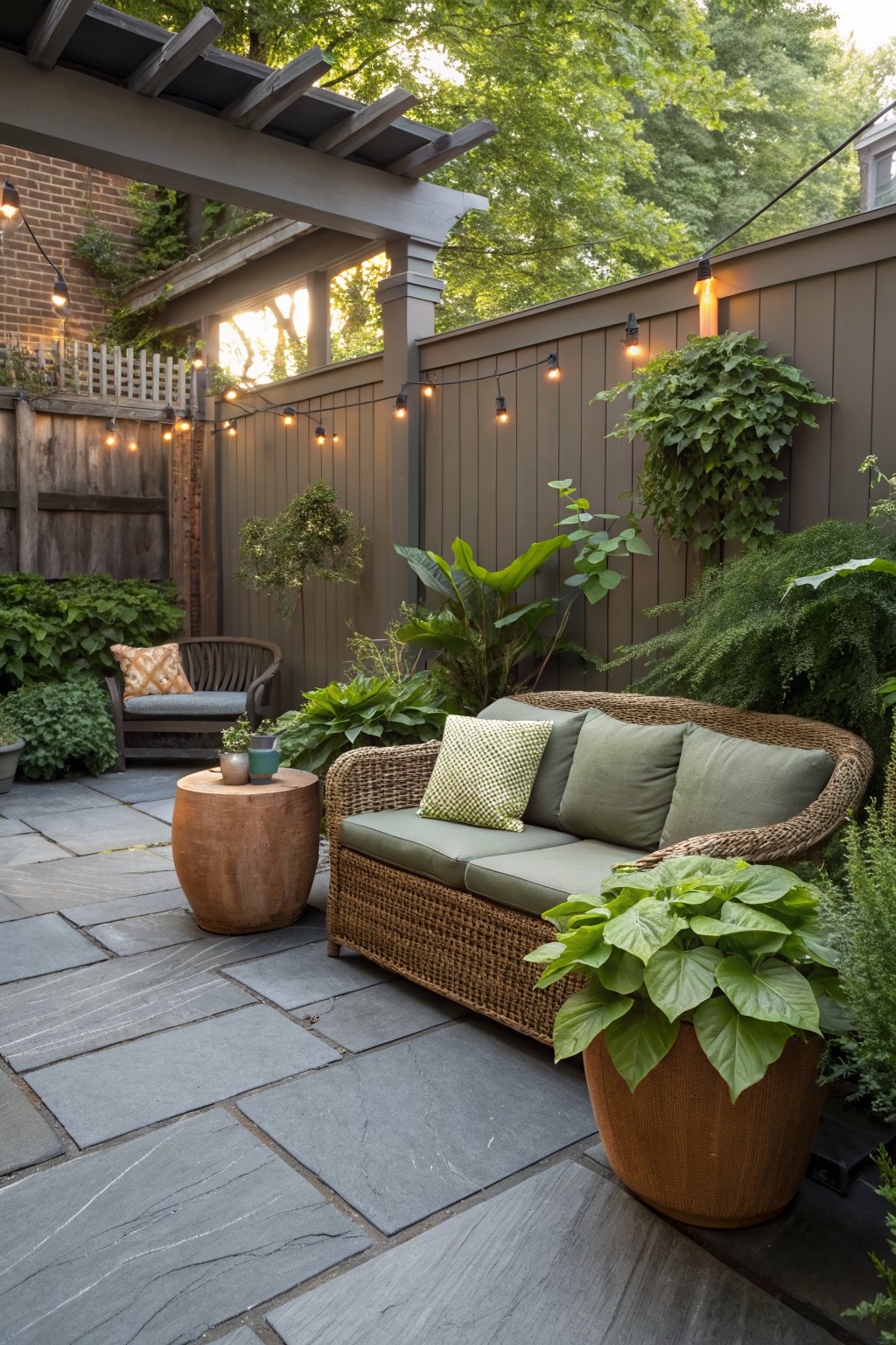 Outdoor patio with green wicker sofa and armchair around a wooden drum table on gray slate pavers, surrounded by large potted leafy plants and ferns under a wooden pergola strung with lights against a gray fence.