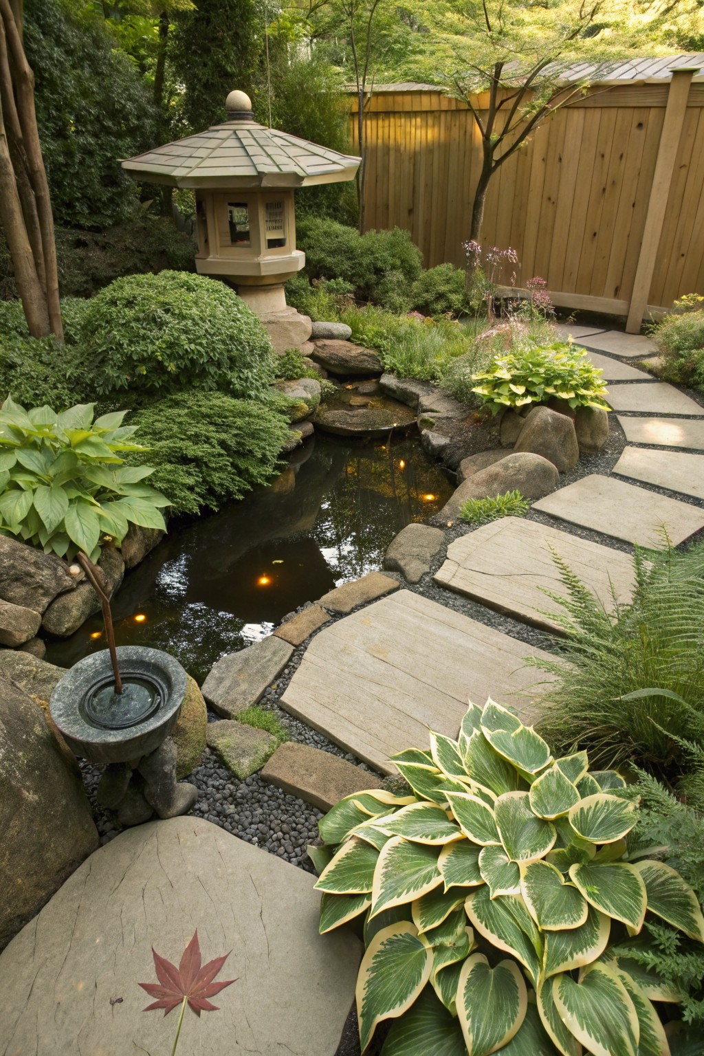 Shaded garden with a small lit pond, winding gray stone slab path edged by variegated hostas, ferns, rocks, a stone lantern, and surrounding trees and shrubs.