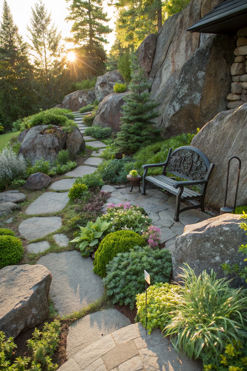 Winding flagstone path through large boulders and plantings including hostas and grasses, with a black metal bench and potted plant nearby in a rocky garden setting at sunset.
