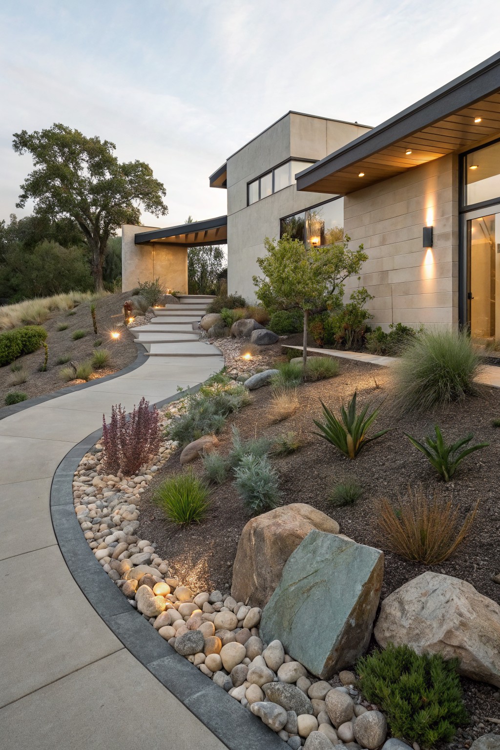 Curving concrete pathway edged with river rocks, drought-tolerant plants including agaves and grasses, large boulders, and path lights leading to a modern stucco house with large windows in evening light.