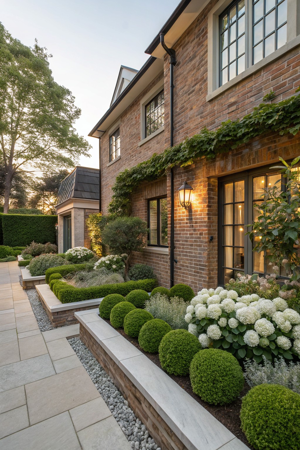 Brick house exterior beside a paved stone pathway flanked by raised beds with gravel mulch, boxwood spheres, white hydrangea clusters, and low shrubs.