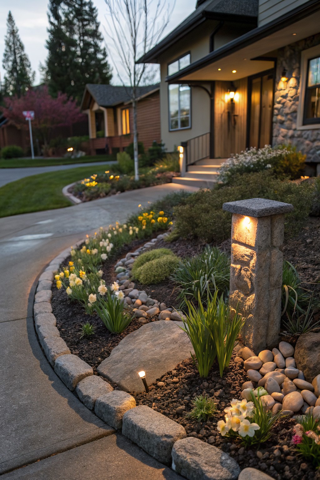 River Rock Beds Edged in Stone