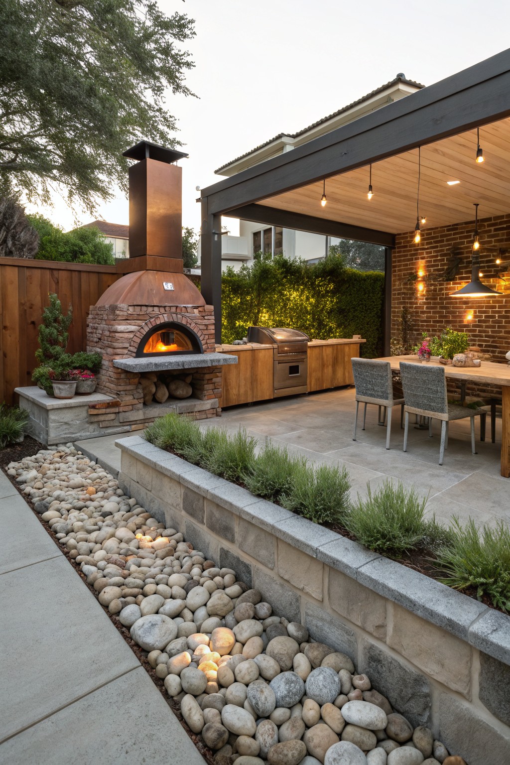 Backyard patio area featuring a brick wood-fired pizza oven, outdoor kitchen island, wooden dining table with chairs, raised stone planters with grasses, and a curving bed of white river rocks along a concrete path.