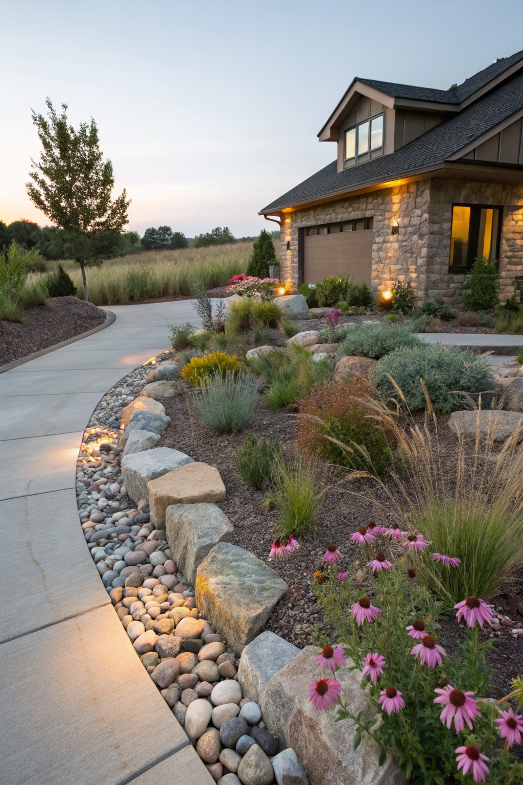 Curved concrete driveway path edged with river rocks and boulders, planted with ornamental grasses and pink coneflowers next to a stone house garage at dusk.